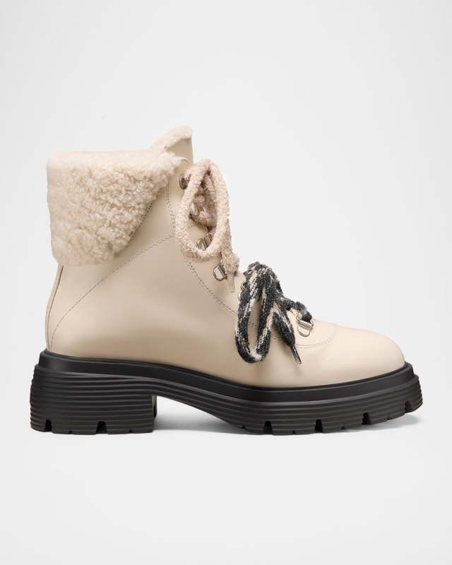 Hudson Lite Lace Shearling-Lined Leather Combat Boots